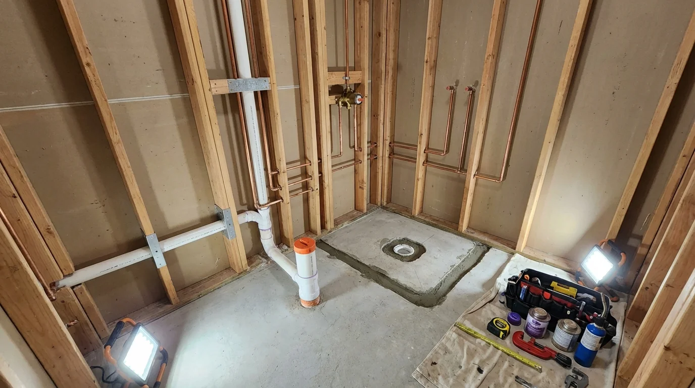 Bathroom rough-in plumbing during remodel by Johns Plumbing LLC in Bucksport