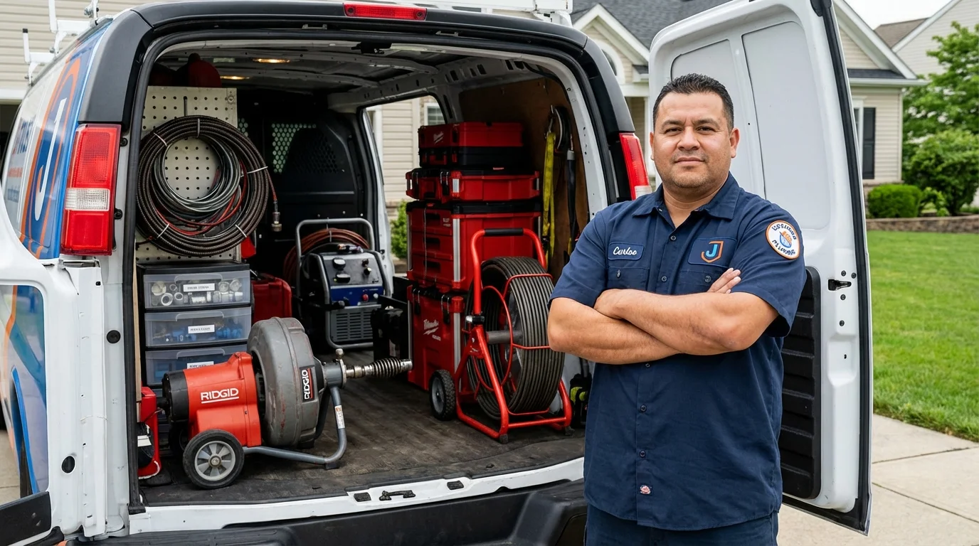 Professional drain cleaning equipment and Johns Plumbing LLC plumber in Bucksport