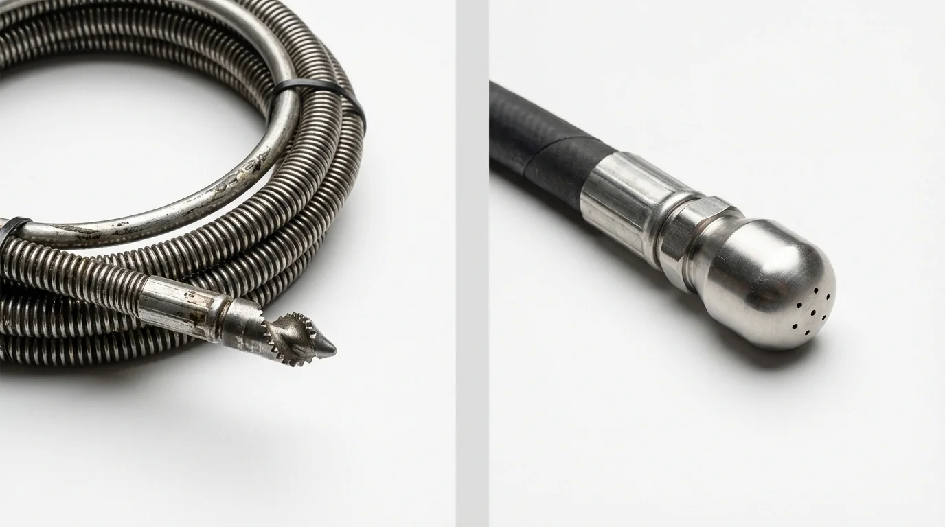 Drain snake cable and hydro jetting nozzle used for drain cleaning in Bucksport, ME