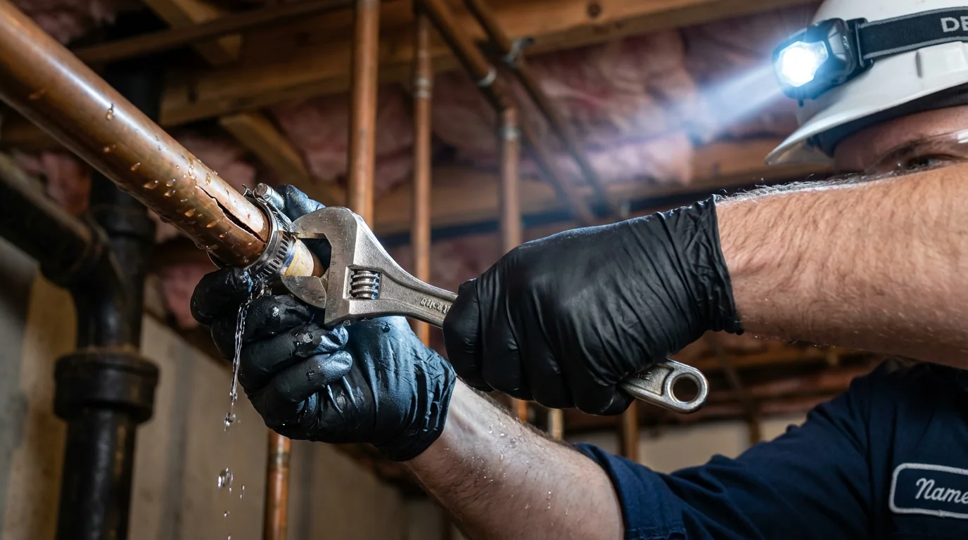 Emergency pipe clamp repair being performed by a Johns Plumbing LLC plumber in Bucksport