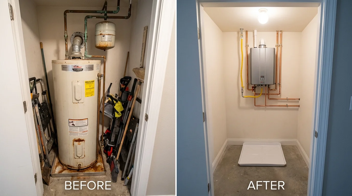 Tank water heater versus wall-mounted tankless unit comparison for Bucksport, ME homeowners