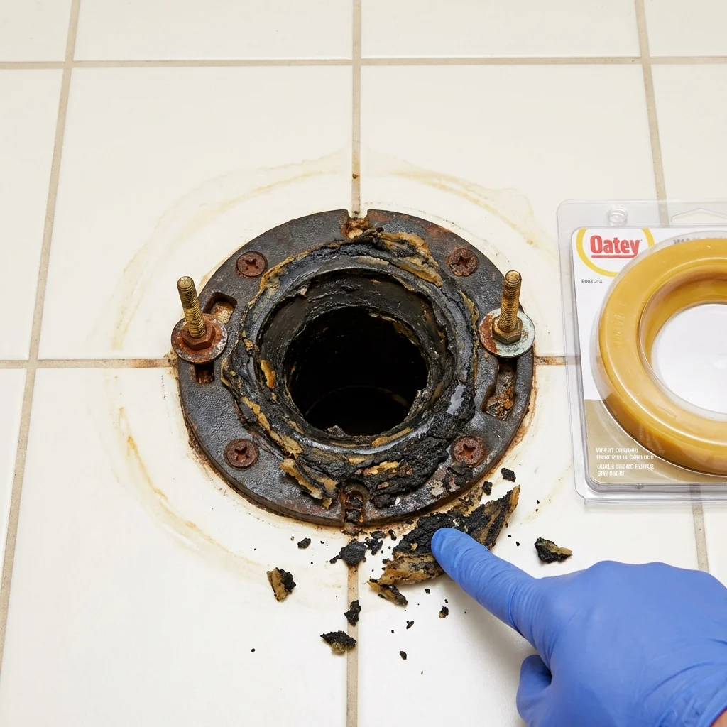 Failed wax ring showing water seepage at the base of a toilet in a Bucksport, ME home