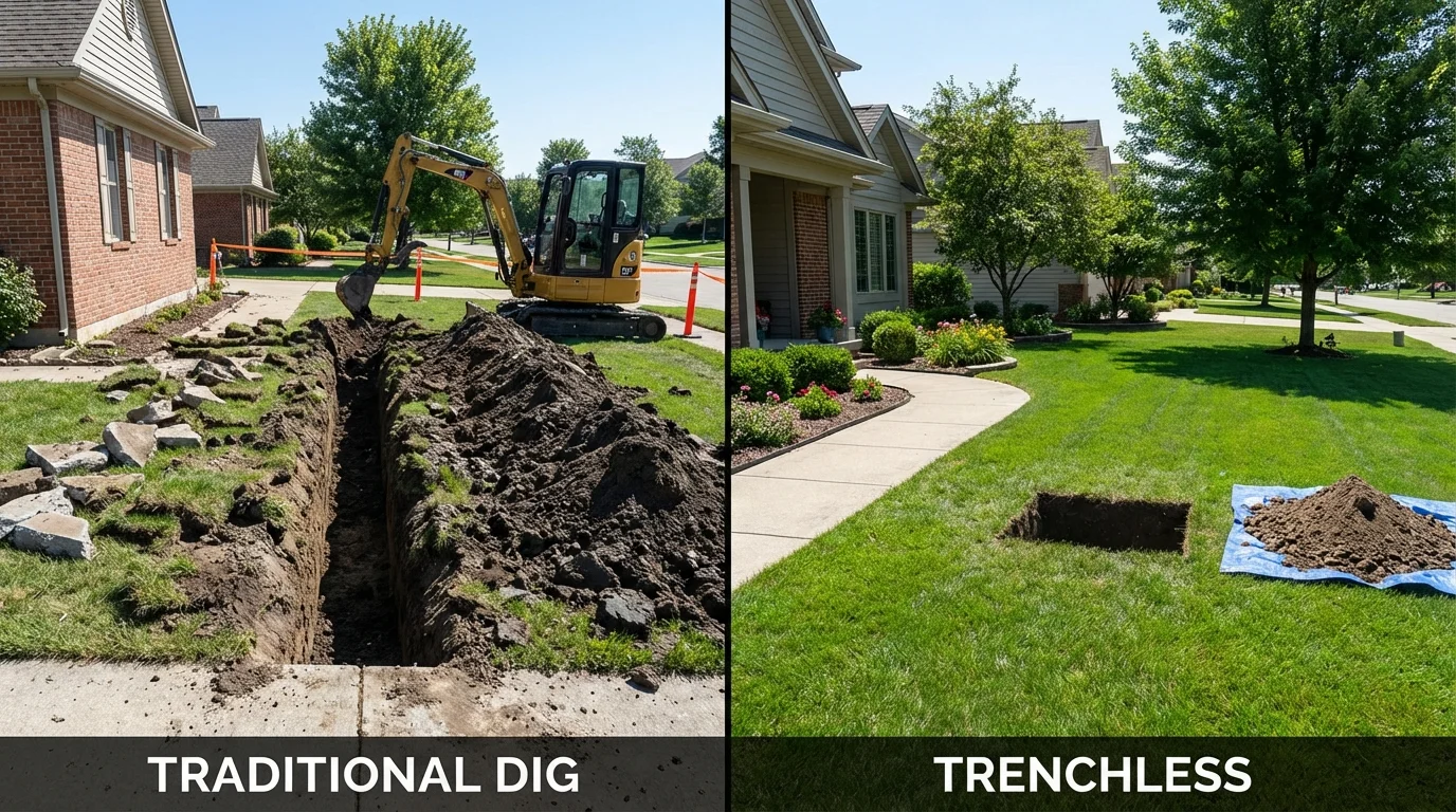 Trenchless sewer repair with minimal yard damage versus traditional excavation in Bucksport, ME
