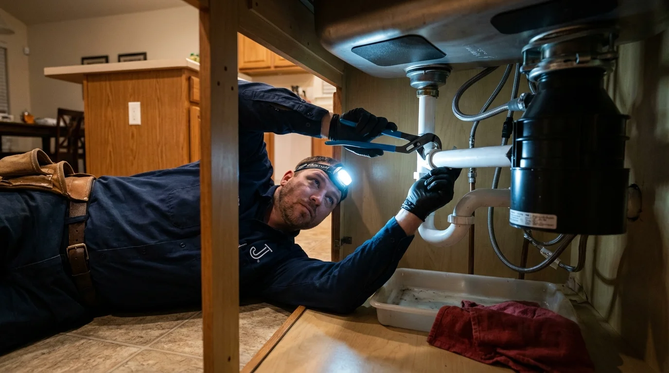 P-trap and supply line connections under a kitchen sink showing a common leak point in Bucksport, ME
